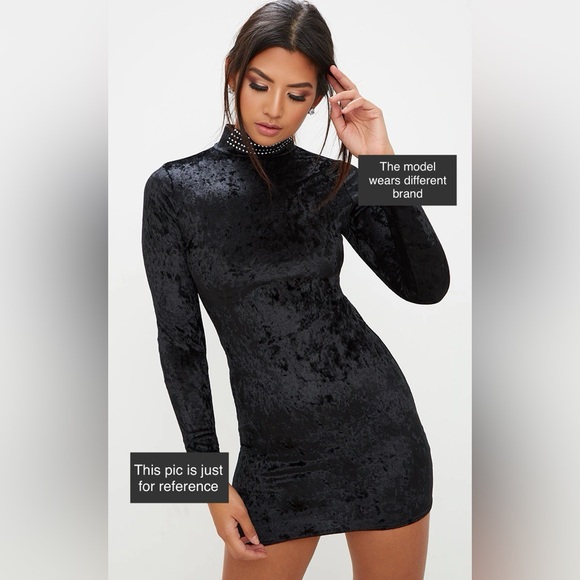 NWT Forever 21 Black Velvet Stud Detail High Neck Long Sleeve Bodycon Mini Dress - Picture 8 of 13